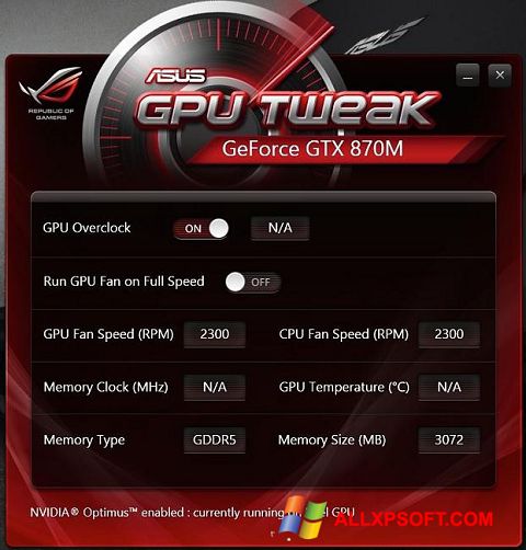 Capture d'écran ASUS GPU Tweak pour Windows XP