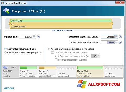 Capture d'écran Acronis Disk Director pour Windows XP