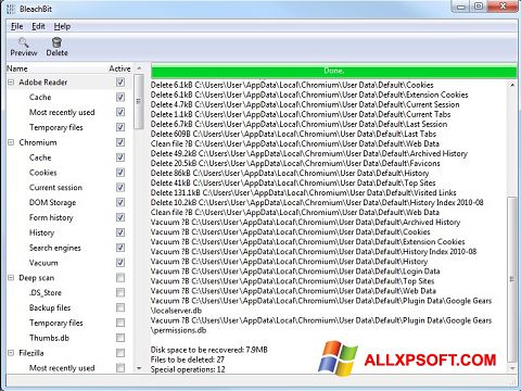 Capture d'écran BleachBit pour Windows XP