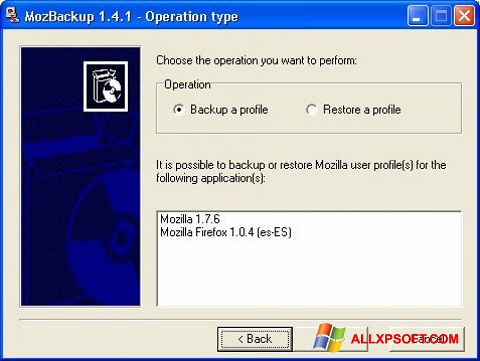 Capture d'écran MozBackup pour Windows XP