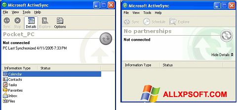 Capture d'écran Microsoft ActiveSync pour Windows XP