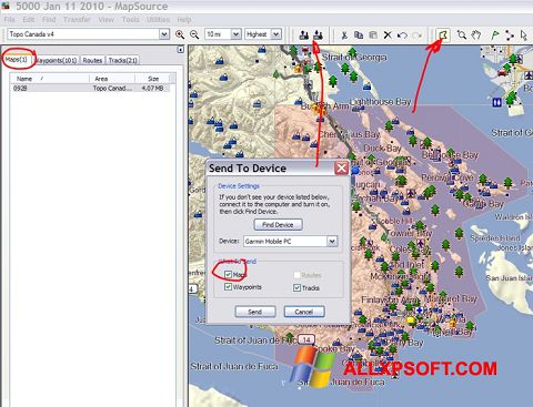 Capture d'écran MapSource pour Windows XP