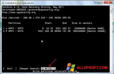 Capture d'écran TestDisk pour Windows XP