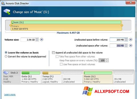 Capture d'écran Acronis Disk Director Suite pour Windows XP