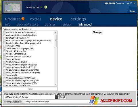 Capture d'écran Garmin Express pour Windows XP