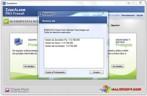 Capture d'écran ZoneAlarm pour Windows XP
