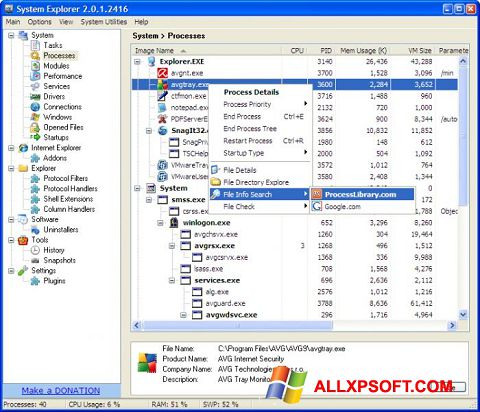 Capture d'écran System Explorer pour Windows XP