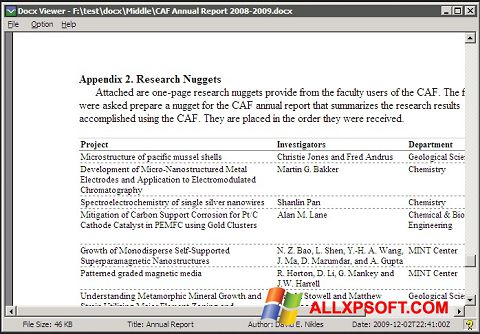 Capture d'écran DocX Reader pour Windows XP
