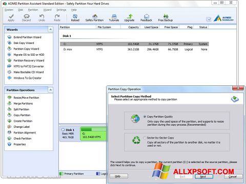 Capture d'écran AOMEI Partition Assistant pour Windows XP