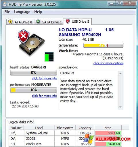 Capture d'écran HDDlife pour Windows XP