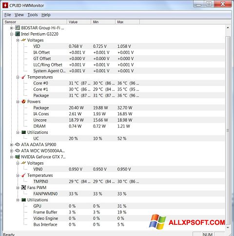 Capture d'écran HWMonitor pour Windows XP