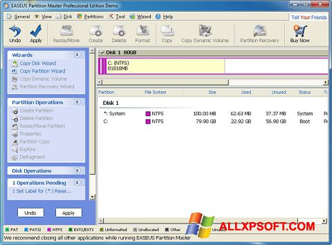 Capture d'écran EASEUS Partition Master pour Windows XP