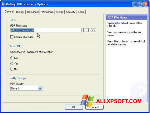 Capture d'écran BullZip PDF Printer pour Windows XP