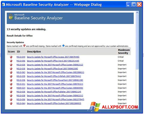 Capture d'écran Microsoft Baseline Security Analyzer pour Windows XP