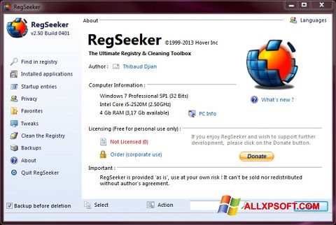 Capture d'écran RegSeeker pour Windows XP