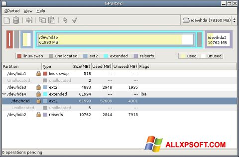 Capture d'écran GParted pour Windows XP