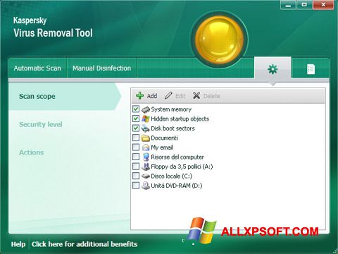 Capture d'écran Kaspersky Virus Removal Tool pour Windows XP