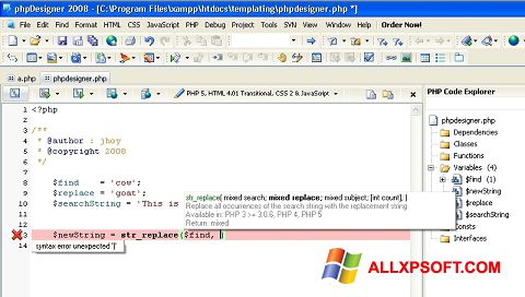 Capture d'écran phpDesigner pour Windows XP