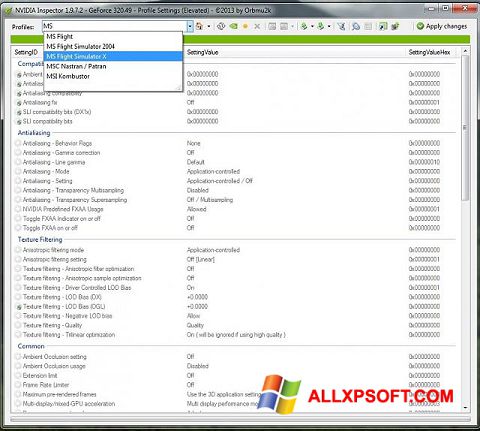 Capture d'écran NVIDIA Inspector pour Windows XP