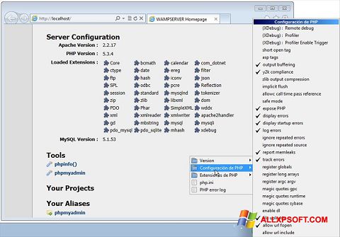 Capture d'écran WampServer pour Windows XP