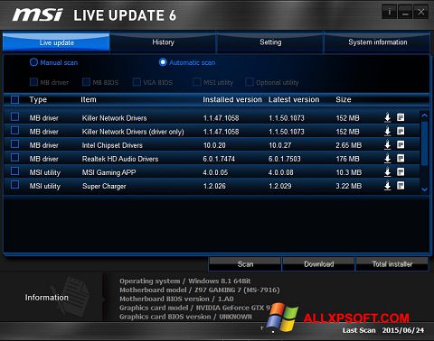 Capture d'écran MSI Live Update pour Windows XP