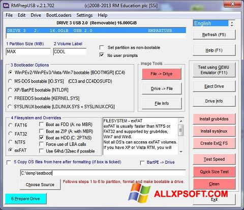 Capture d'écran RMPrepUSB pour Windows XP
