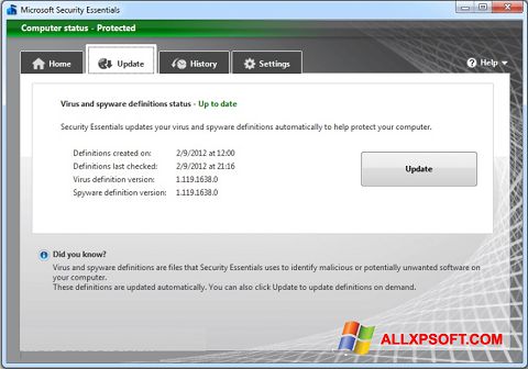 Capture d'écran Microsoft Security Essentials pour Windows XP